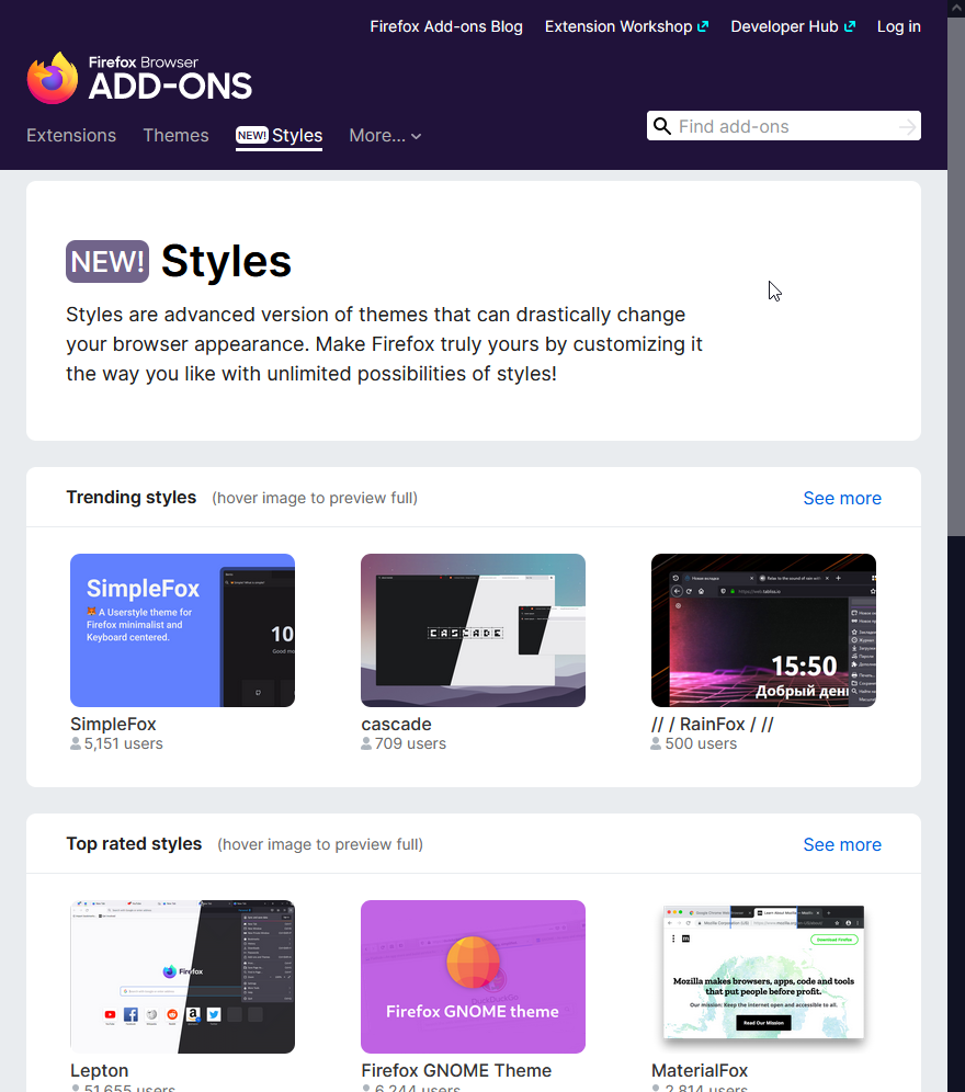 AMO Styles page mockup with a few themes showcased.